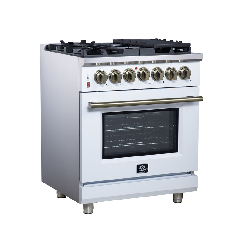 Forno Massimo 30" Freestanding Dual Fuel Range in White with 5 Sealed Burners, Air Fryer Kit, Wok Support & Griddle in White with Antique Brass Accents, FFSGS6125-30WHT