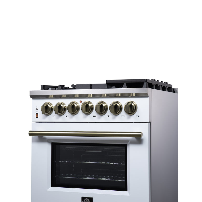 Forno Massimo 30" Freestanding Dual Fuel Range in White with 5 Sealed Burners, Air Fryer Kit, Wok Support & Griddle in White with Antique Brass Accents, FFSGS6125-30WHT