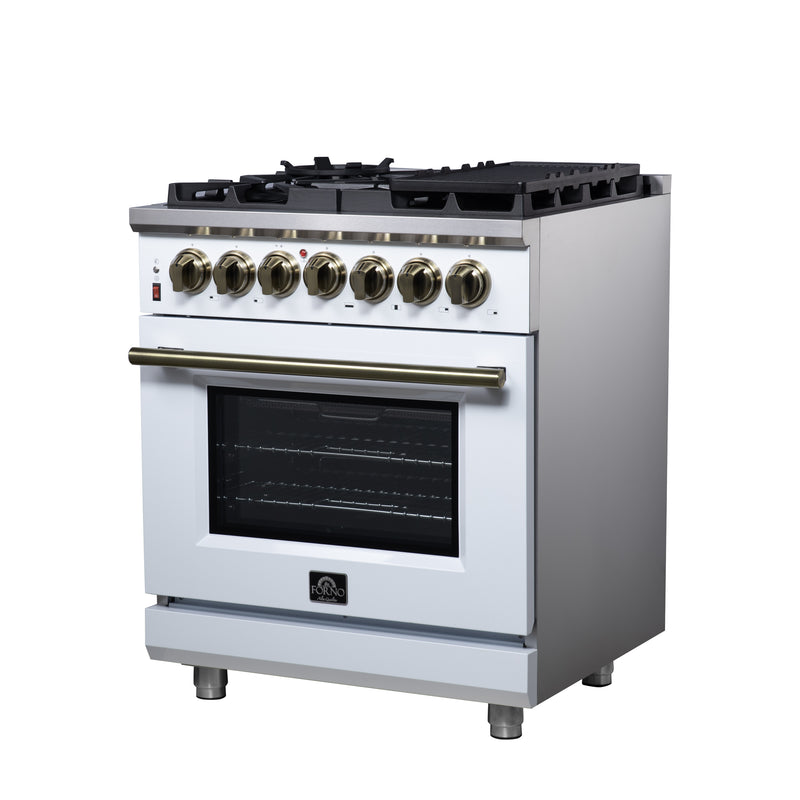 Forno Massimo 30" Freestanding Dual Fuel Range in White with 5 Sealed Burners, Air Fryer Kit, Wok Support & Griddle in White with Antique Brass Accents, FFSGS6125-30WHT