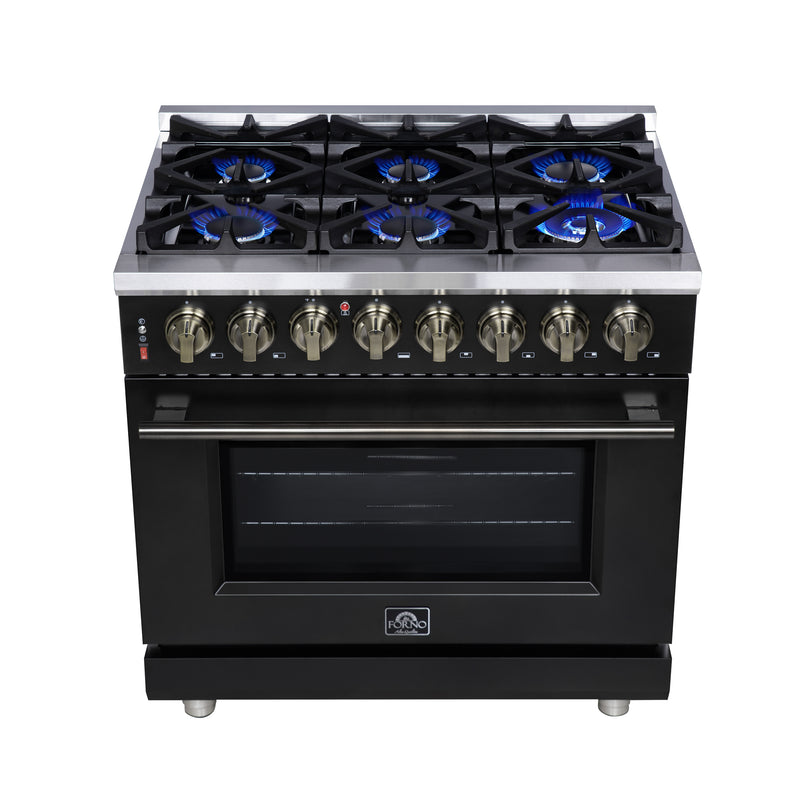Forno Massimo 36" 5.36 cu. ft. Freestanding Dual Fuel Range with 6 Sealed Burners, Air Fryer Kit, Wok Support & Griddle in White with Antique Brass Accents, FFSGS6125-36BLK