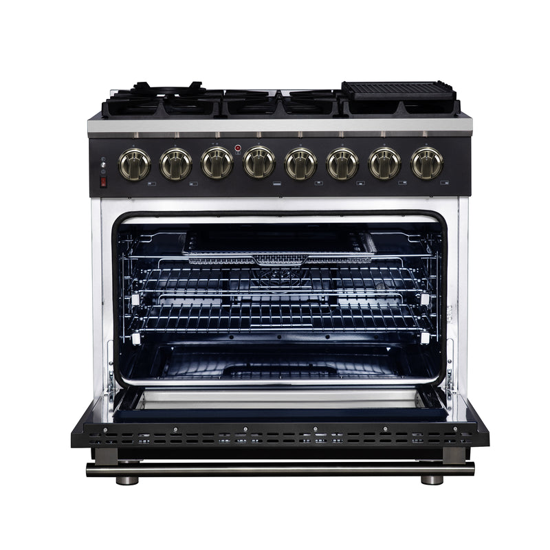 Forno Massimo 36" 5.36 cu. ft. Freestanding Dual Fuel Range with 6 Sealed Burners, Air Fryer Kit, Wok Support & Griddle in White with Antique Brass Accents, FFSGS6125-36BLK