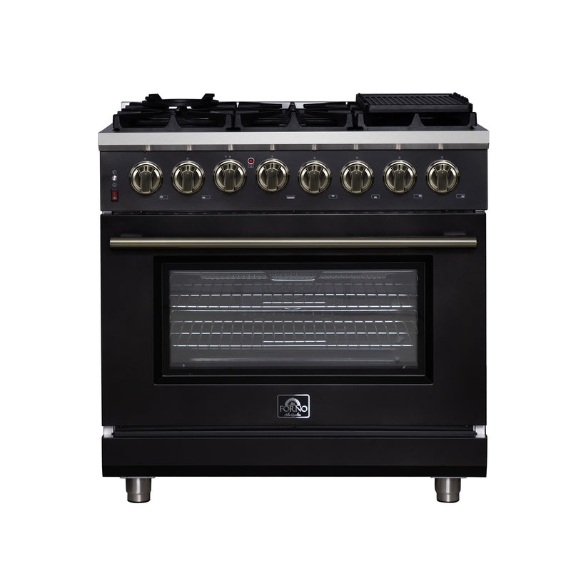 Forno Massimo 36" 5.36 cu. ft. Freestanding Dual Fuel Range with 6 Sealed Burners, Air Fryer Kit, Wok Support & Griddle in White with Antique Brass Accents, FFSGS6125-36BLK