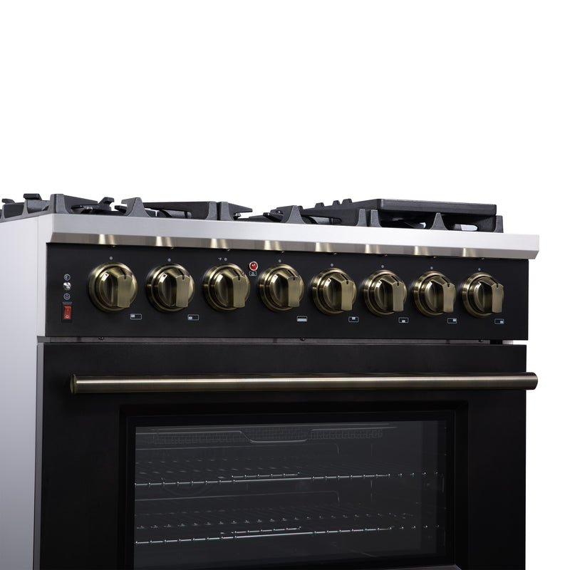 Forno Massimo 36" 5.36 cu. ft. Freestanding Dual Fuel Range with 6 Sealed Burners, Air Fryer Kit, Wok Support & Griddle in White with Antique Brass Accents, FFSGS6125-36BLK