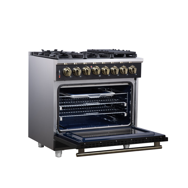 Forno Massimo 36" 5.36 cu. ft. Freestanding Dual Fuel Range with 6 Sealed Burners, Air Fryer Kit, Wok Support & Griddle in White with Antique Brass Accents, FFSGS6125-36BLK