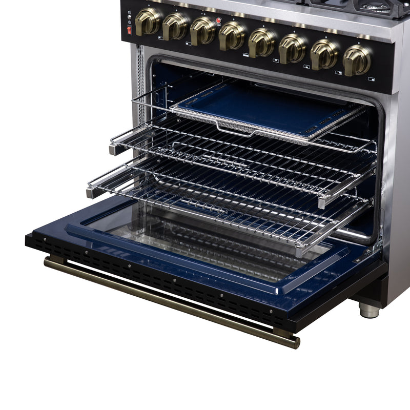 Forno Massimo 36" 5.36 cu. ft. Freestanding Dual Fuel Range with 6 Sealed Burners, Air Fryer Kit, Wok Support & Griddle in White with Antique Brass Accents, FFSGS6125-36BLK