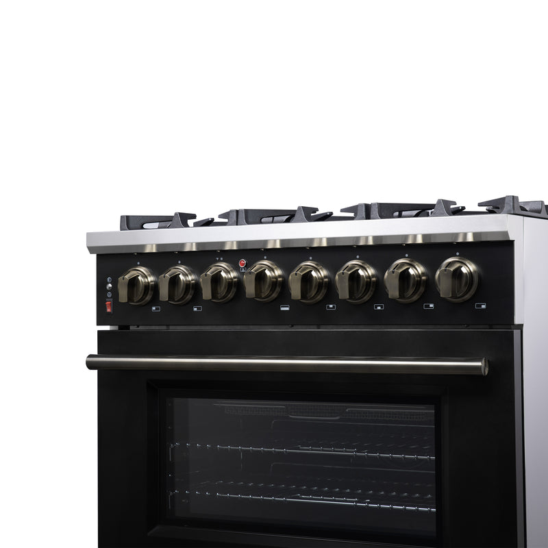 Forno Massimo 36" 5.36 cu. ft. Freestanding Dual Fuel Range with 6 Sealed Burners, Air Fryer Kit, Wok Support & Griddle in White with Antique Brass Accents, FFSGS6125-36BLK