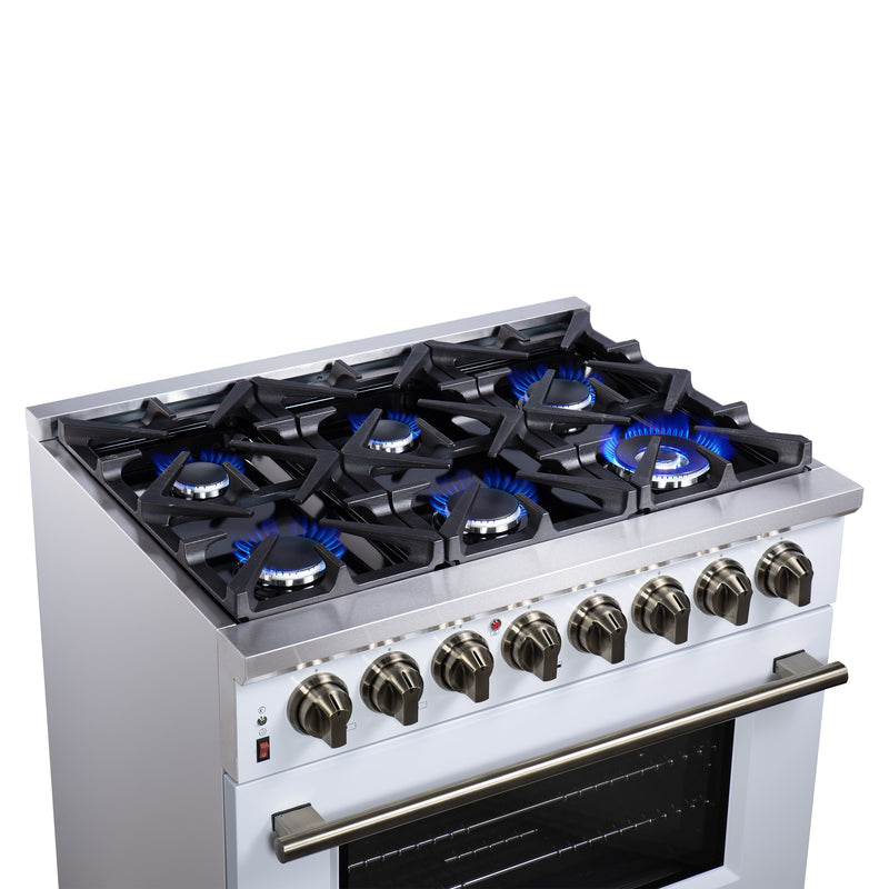 Forno Massimo 36" 5.36 cu. ft. Freestanding Dual Fuel Range with 6 Sealed Burners, Air Fryer Kit, Wok Support & Griddle in Black with Antique Brass Accents, FFSGS6125-36WHT