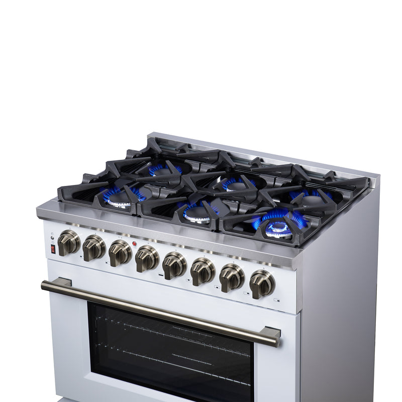 Forno Massimo 36" 5.36 cu. ft. Freestanding Dual Fuel Range with 6 Sealed Burners, Air Fryer Kit, Wok Support & Griddle in Black with Antique Brass Accents, FFSGS6125-36WHT