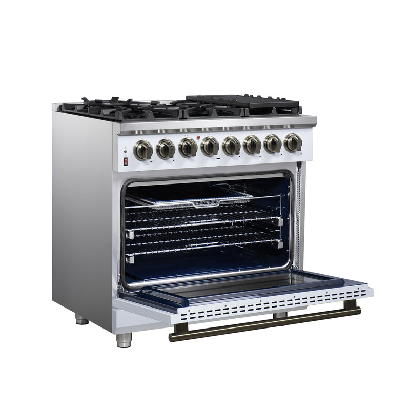 Forno Massimo 36" 5.36 cu. ft. Freestanding Dual Fuel Range with 6 Sealed Burners, Air Fryer Kit, Wok Support & Griddle in Black with Antique Brass Accents, FFSGS6125-36WHT