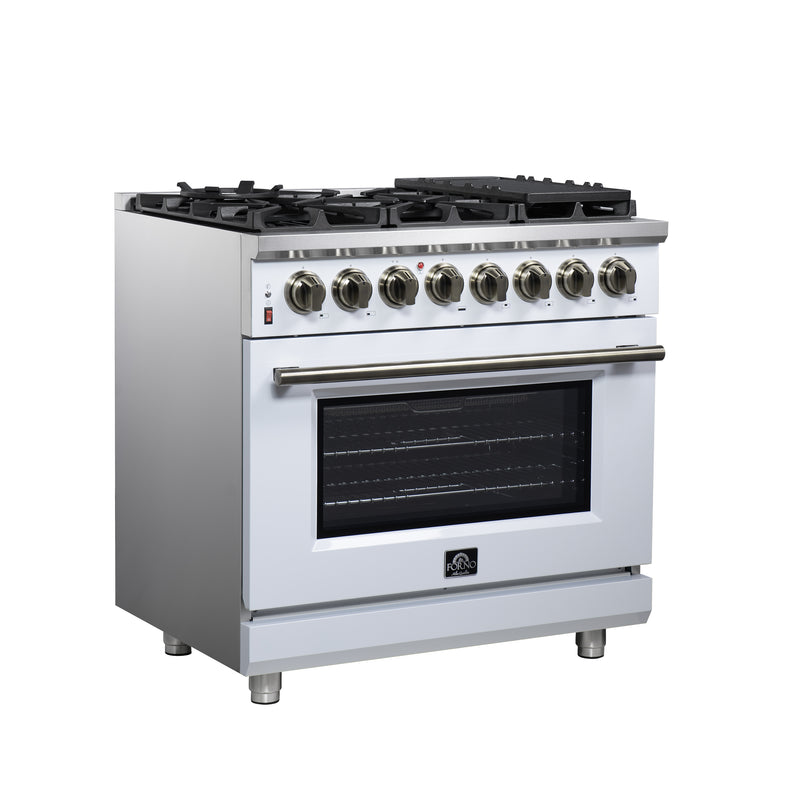 Forno Massimo 36" 5.36 cu. ft. Freestanding Dual Fuel Range with 6 Sealed Burners, Air Fryer Kit, Wok Support & Griddle in Black with Antique Brass Accents, FFSGS6125-36WHT