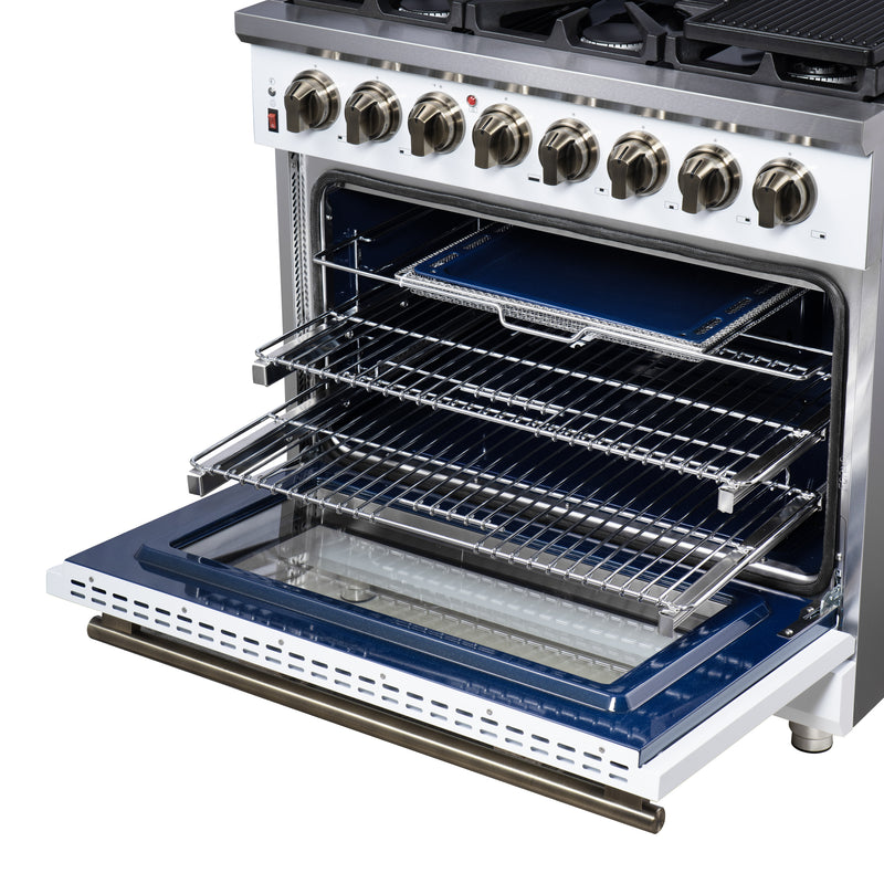 Forno Massimo 36" 5.36 cu. ft. Freestanding Dual Fuel Range with 6 Sealed Burners, Air Fryer Kit, Wok Support & Griddle in Black with Antique Brass Accents, FFSGS6125-36WHT