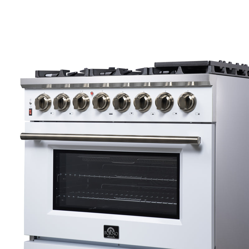 Forno Massimo 36" 5.36 cu. ft. Freestanding Dual Fuel Range with 6 Sealed Burners, Air Fryer Kit, Wok Support & Griddle in Black with Antique Brass Accents, FFSGS6125-36WHT