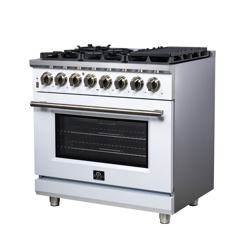 Forno Massimo 36" 5.36 cu. ft. Freestanding Dual Fuel Range with 6 Sealed Burners, Air Fryer Kit, Wok Support & Griddle in Black with Antique Brass Accents, FFSGS6125-36WHT