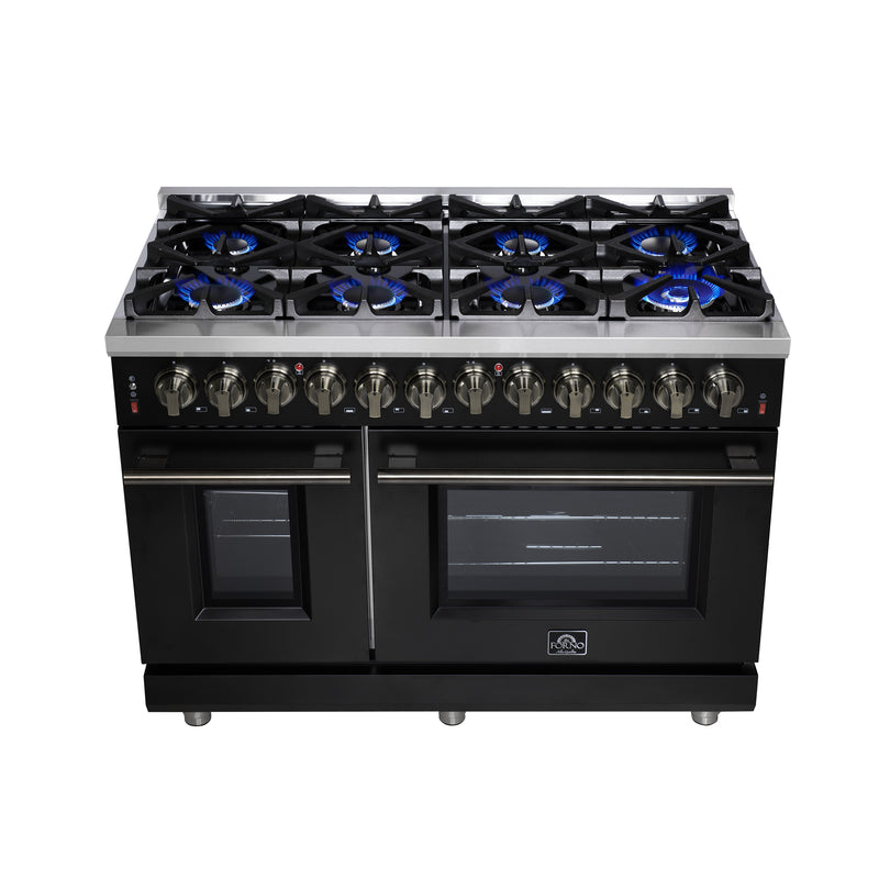 Forno Massimo 48" Freestanding Dual Fuel Range in Black, with 8 Sealed Burners, Air Fryer Kit, Wok Support & Griddle, with Antique Brass Handles, FFSGS6125-48BLK