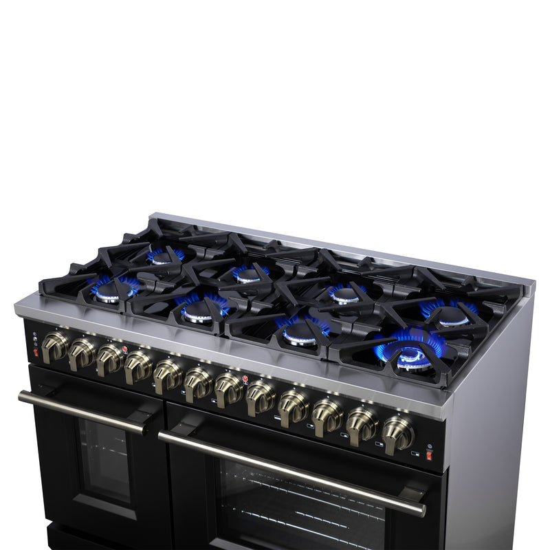 Forno Massimo 48" Freestanding Dual Fuel Range in Black, with 8 Sealed Burners, Air Fryer Kit, Wok Support & Griddle, with Antique Brass Handles, FFSGS6125-48BLK