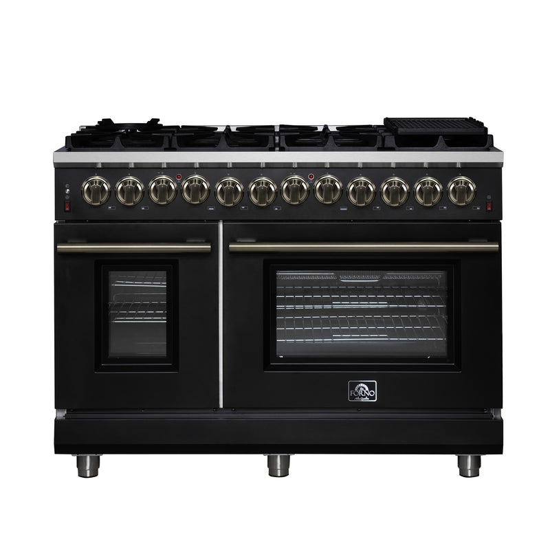 Forno Massimo 48" Freestanding Dual Fuel Range in Black, with 8 Sealed Burners, Air Fryer Kit, Wok Support & Griddle, with Antique Brass Handles, FFSGS6125-48BLK