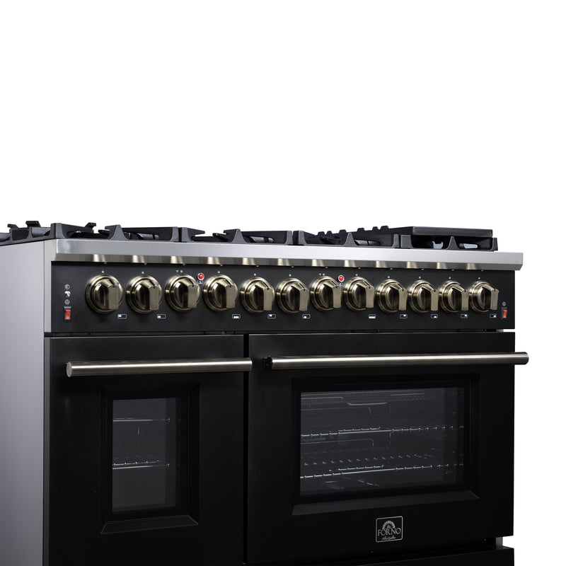Forno Massimo 48" Freestanding Dual Fuel Range in Black, with 8 Sealed Burners, Air Fryer Kit, Wok Support & Griddle, with Antique Brass Handles, FFSGS6125-48BLK