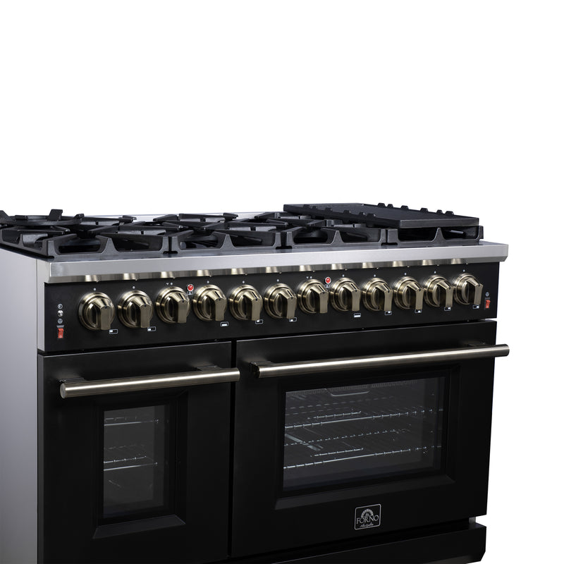Forno Massimo 48" Freestanding Dual Fuel Range in Black, with 8 Sealed Burners, Air Fryer Kit, Wok Support & Griddle, with Antique Brass Handles, FFSGS6125-48BLK