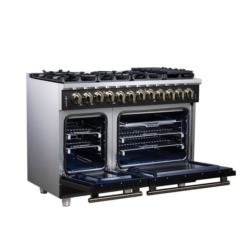 Forno Massimo 48" Freestanding Dual Fuel Range in Black, with 8 Sealed Burners, Air Fryer Kit, Wok Support & Griddle, with Antique Brass Handles, FFSGS6125-48BLK