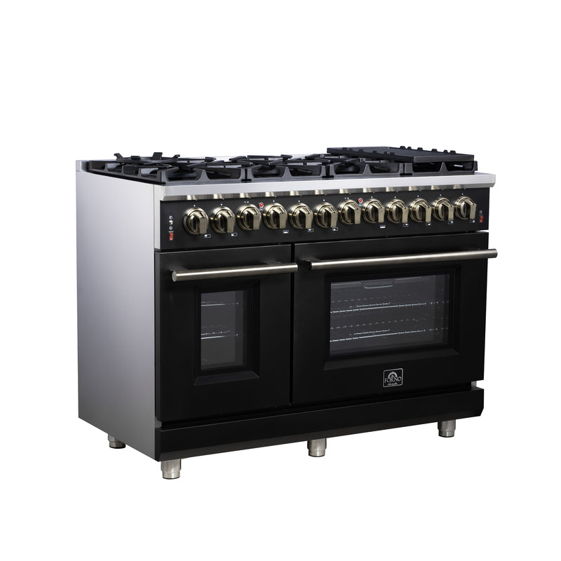 Forno Massimo 48" Freestanding Dual Fuel Range in Black, with 8 Sealed Burners, Air Fryer Kit, Wok Support & Griddle, with Antique Brass Handles, FFSGS6125-48BLK