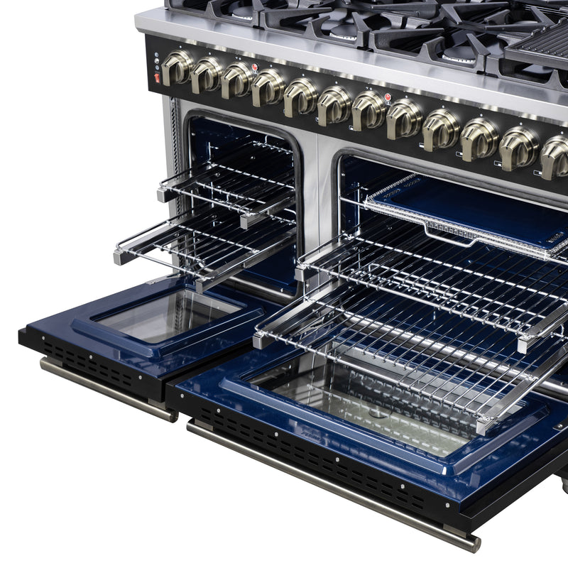 Forno Massimo 48" Freestanding Dual Fuel Range in Black, with 8 Sealed Burners, Air Fryer Kit, Wok Support & Griddle, with Antique Brass Handles, FFSGS6125-48BLK