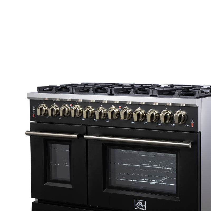 Forno Massimo 48" Freestanding Dual Fuel Range in Black, with 8 Sealed Burners, Air Fryer Kit, Wok Support & Griddle, with Antique Brass Handles, FFSGS6125-48BLK
