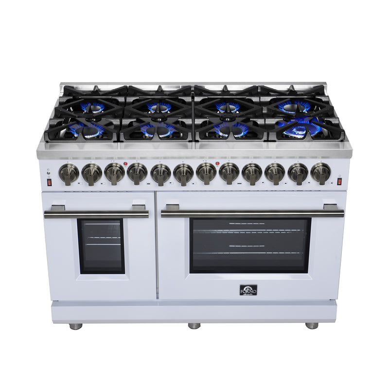 Forno Massimo 48" Freestanding Dual Fuel Range in White, with 8 Sealed Burners, Air Fryer Kit, Wok Support & Griddle, with Antique Brass Handles, FFSGS6125-48WHT