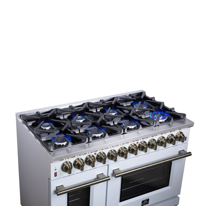 Forno Massimo 48" Freestanding Dual Fuel Range in White, with 8 Sealed Burners, Air Fryer Kit, Wok Support & Griddle, with Antique Brass Handles, FFSGS6125-48WHT