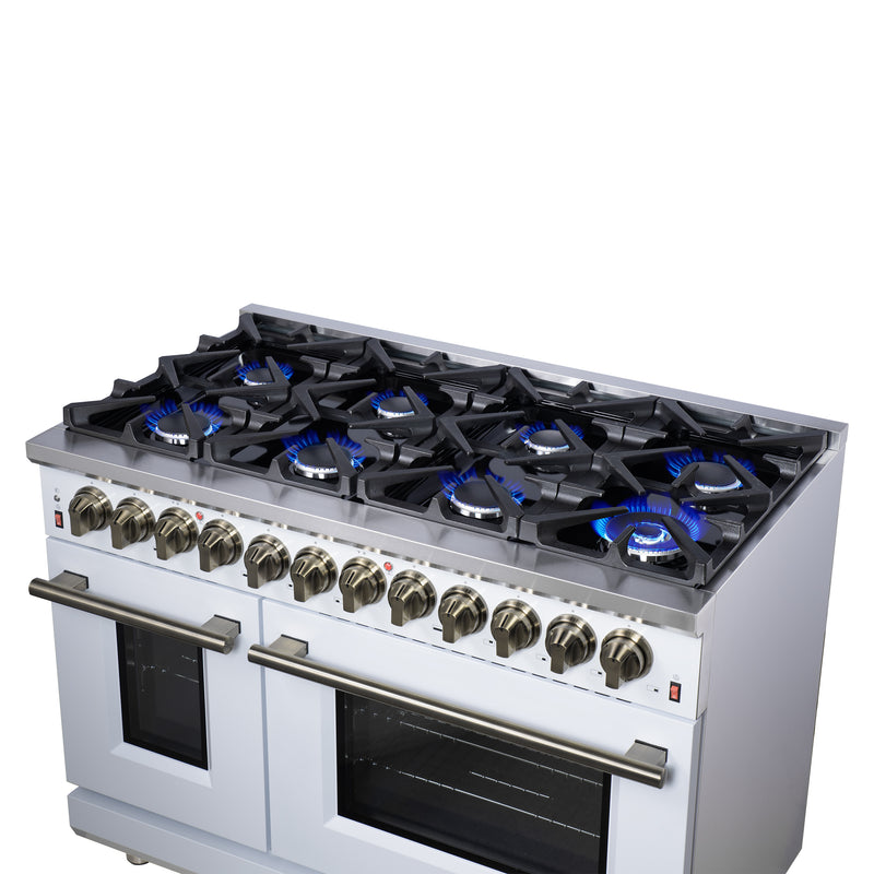 Forno Massimo 48" Freestanding Dual Fuel Range in White, with 8 Sealed Burners, Air Fryer Kit, Wok Support & Griddle, with Antique Brass Handles, FFSGS6125-48WHT