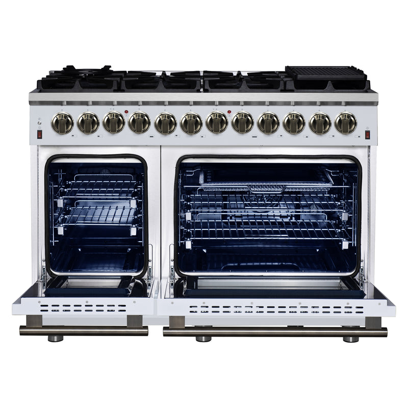 Forno Massimo 48" Freestanding Dual Fuel Range in White, with 8 Sealed Burners, Air Fryer Kit, Wok Support & Griddle, with Antique Brass Handles, FFSGS6125-48WHT