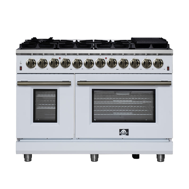 Forno Massimo 48" Freestanding Dual Fuel Range in White, with 8 Sealed Burners, Air Fryer Kit, Wok Support & Griddle, with Antique Brass Handles, FFSGS6125-48WHT