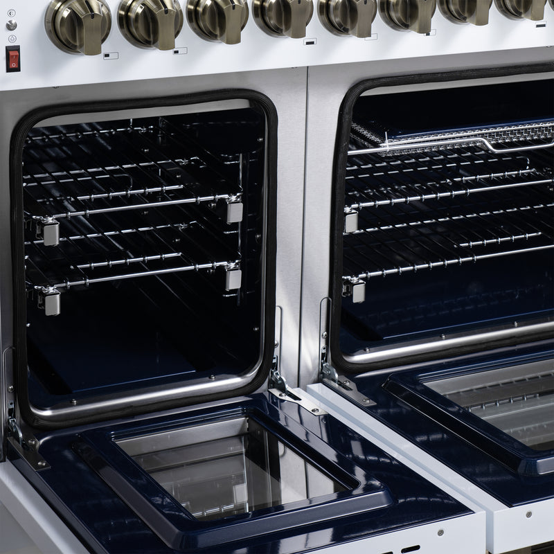 Forno Massimo 48" Freestanding Dual Fuel Range in White, with 8 Sealed Burners, Air Fryer Kit, Wok Support & Griddle, with Antique Brass Handles, FFSGS6125-48WHT