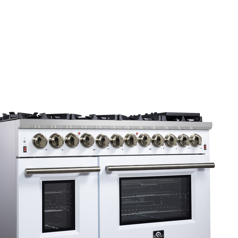 Forno Massimo 48" Freestanding Dual Fuel Range in White, with 8 Sealed Burners, Air Fryer Kit, Wok Support & Griddle, with Antique Brass Handles, FFSGS6125-48WHT