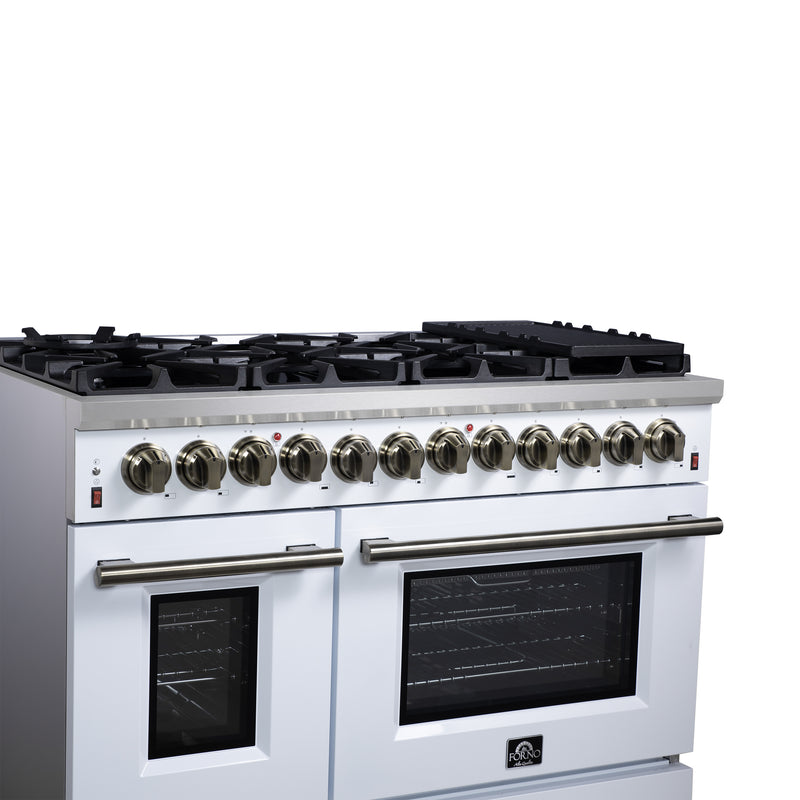Forno Massimo 48" Freestanding Dual Fuel Range in White, with 8 Sealed Burners, Air Fryer Kit, Wok Support & Griddle, with Antique Brass Handles, FFSGS6125-48WHT