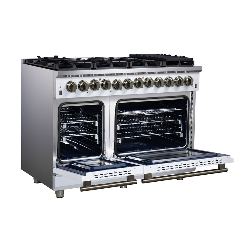 Forno Massimo 48" Freestanding Dual Fuel Range in White, with 8 Sealed Burners, Air Fryer Kit, Wok Support & Griddle, with Antique Brass Handles, FFSGS6125-48WHT