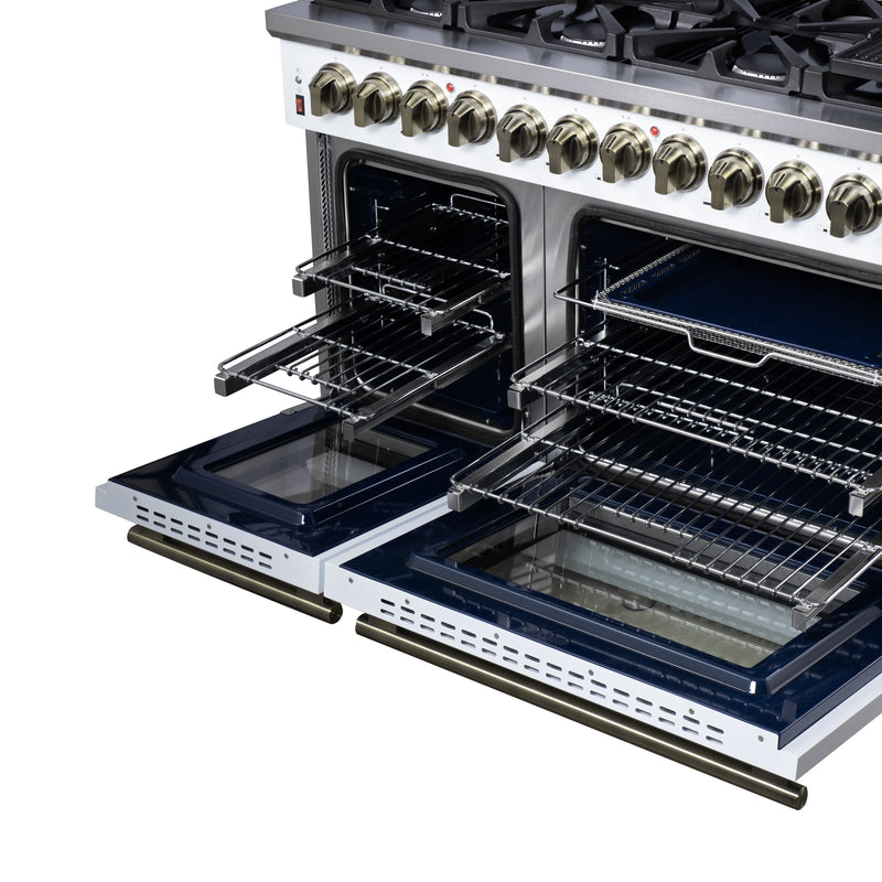 Forno Massimo 48" Freestanding Dual Fuel Range in White, with 8 Sealed Burners, Air Fryer Kit, Wok Support & Griddle, with Antique Brass Handles, FFSGS6125-48WHT