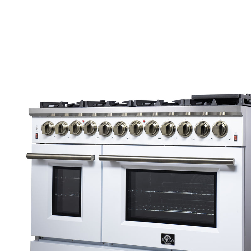 Forno Massimo 48" Freestanding Dual Fuel Range in White, with 8 Sealed Burners, Air Fryer Kit, Wok Support & Griddle, with Antique Brass Handles, FFSGS6125-48WHT