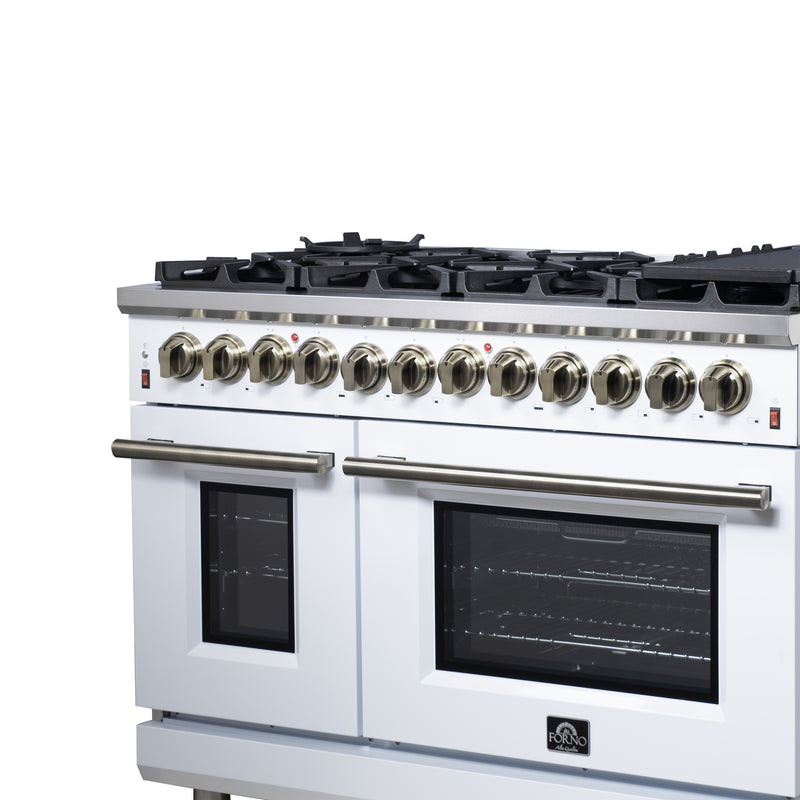 Forno Massimo 48" Freestanding Dual Fuel Range in White, with 8 Sealed Burners, Air Fryer Kit, Wok Support & Griddle, with Antique Brass Handles, FFSGS6125-48WHT