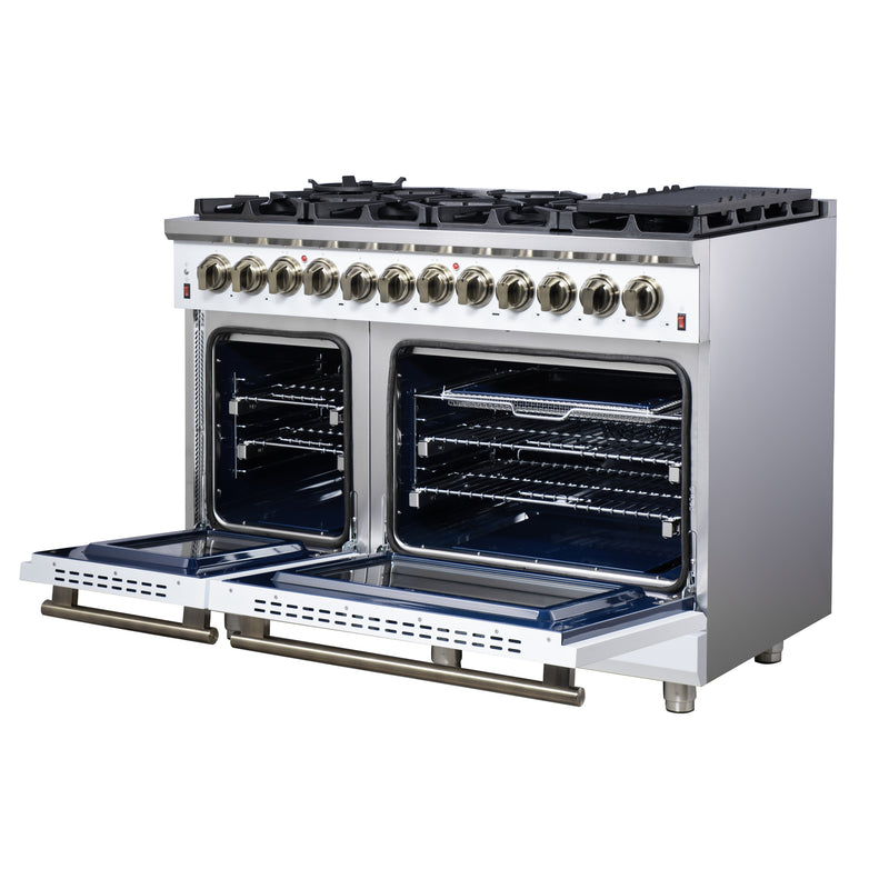 Forno Massimo 48" Freestanding Dual Fuel Range in White, with 8 Sealed Burners, Air Fryer Kit, Wok Support & Griddle, with Antique Brass Handles, FFSGS6125-48WHT