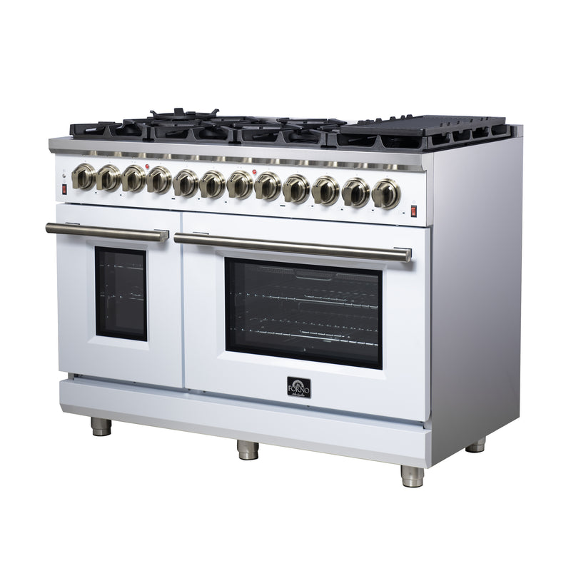 Forno Massimo 48" Freestanding Dual Fuel Range in White, with 8 Sealed Burners, Air Fryer Kit, Wok Support & Griddle, with Antique Brass Handles, FFSGS6125-48WHT