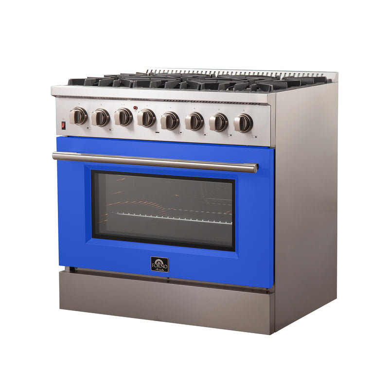 Forno Galiano 36" Freestanding Dual Fuel Range in Stainless Steel with Blue Door, 6 Sealed Burners, True Convection, Cast-Iron Grates, FFSGS6156-36BLU