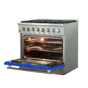 Forno Galiano 36" Freestanding Dual Fuel Range in Stainless Steel with Blue Door, 6 Sealed Burners, True Convection, Cast-Iron Grates, FFSGS6156-36BLU