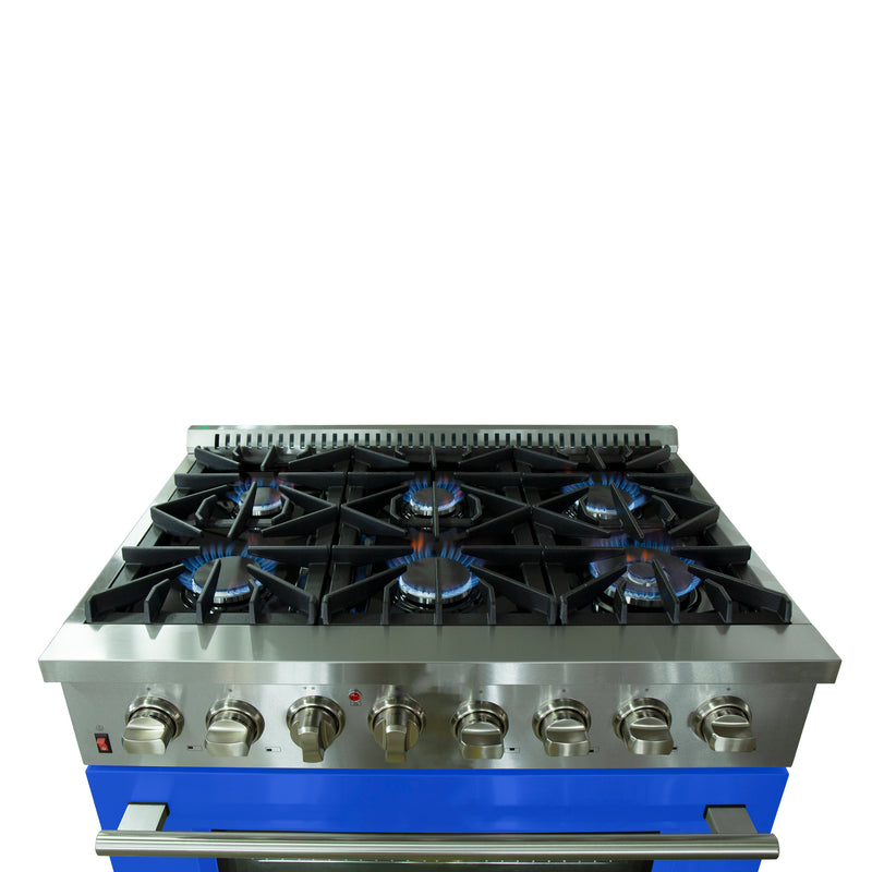 Forno Galiano 36" Freestanding Dual Fuel Range in Stainless Steel with Blue Door, 6 Sealed Burners, True Convection, Cast-Iron Grates, FFSGS6156-36BLU