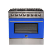 Forno Galiano 36" Freestanding Dual Fuel Range in Stainless Steel with Blue Door, 6 Sealed Burners, True Convection, Cast-Iron Grates, FFSGS6156-36BLU