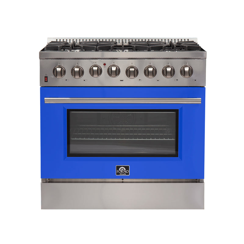 Forno Galiano 36" Freestanding Dual Fuel Range in Stainless Steel with Blue Door, 6 Sealed Burners, True Convection, Cast-Iron Grates, FFSGS6156-36BLU