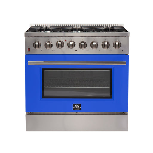 Forno Galiano 36" Freestanding Dual Fuel Range in Stainless Steel with Blue Door, 6 Sealed Burners, True Convection, Cast-Iron Grates, FFSGS6156-36BLU