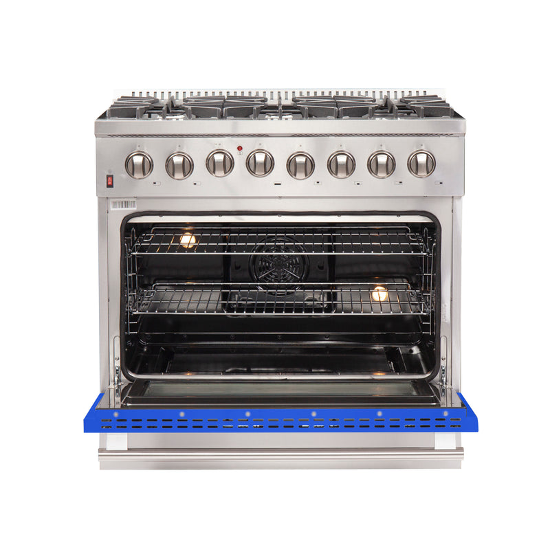 Forno Galiano 36" Freestanding Dual Fuel Range in Stainless Steel with Blue Door, 6 Sealed Burners, True Convection, Cast-Iron Grates, FFSGS6156-36BLU