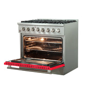 Forno Galiano 36" Freestanding Dual Fuel Range in Stainless Steel with Red Door, 6 Sealed Burners, True Convection, FFSGS6156-36RED