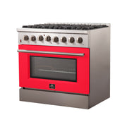 Forno Galiano 36" Freestanding Dual Fuel Range in Stainless Steel with Red Door, 6 Sealed Burners, True Convection, FFSGS6156-36RED