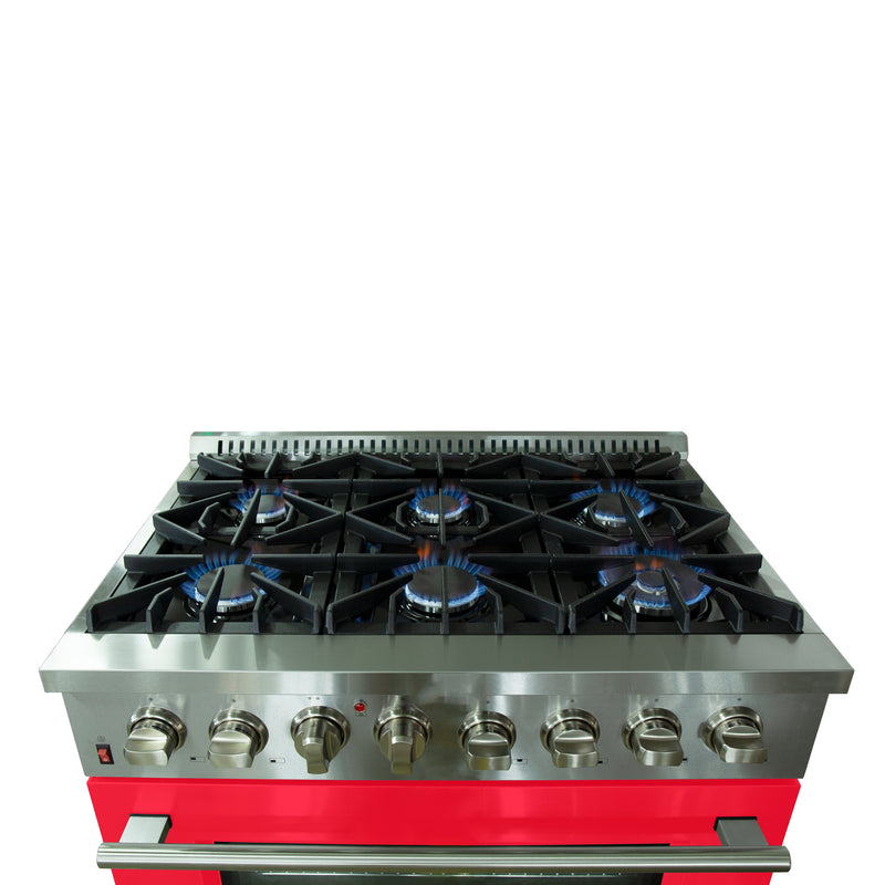 Forno Galiano 36" Freestanding Dual Fuel Range in Stainless Steel with Red Door, 6 Sealed Burners, True Convection, FFSGS6156-36RED